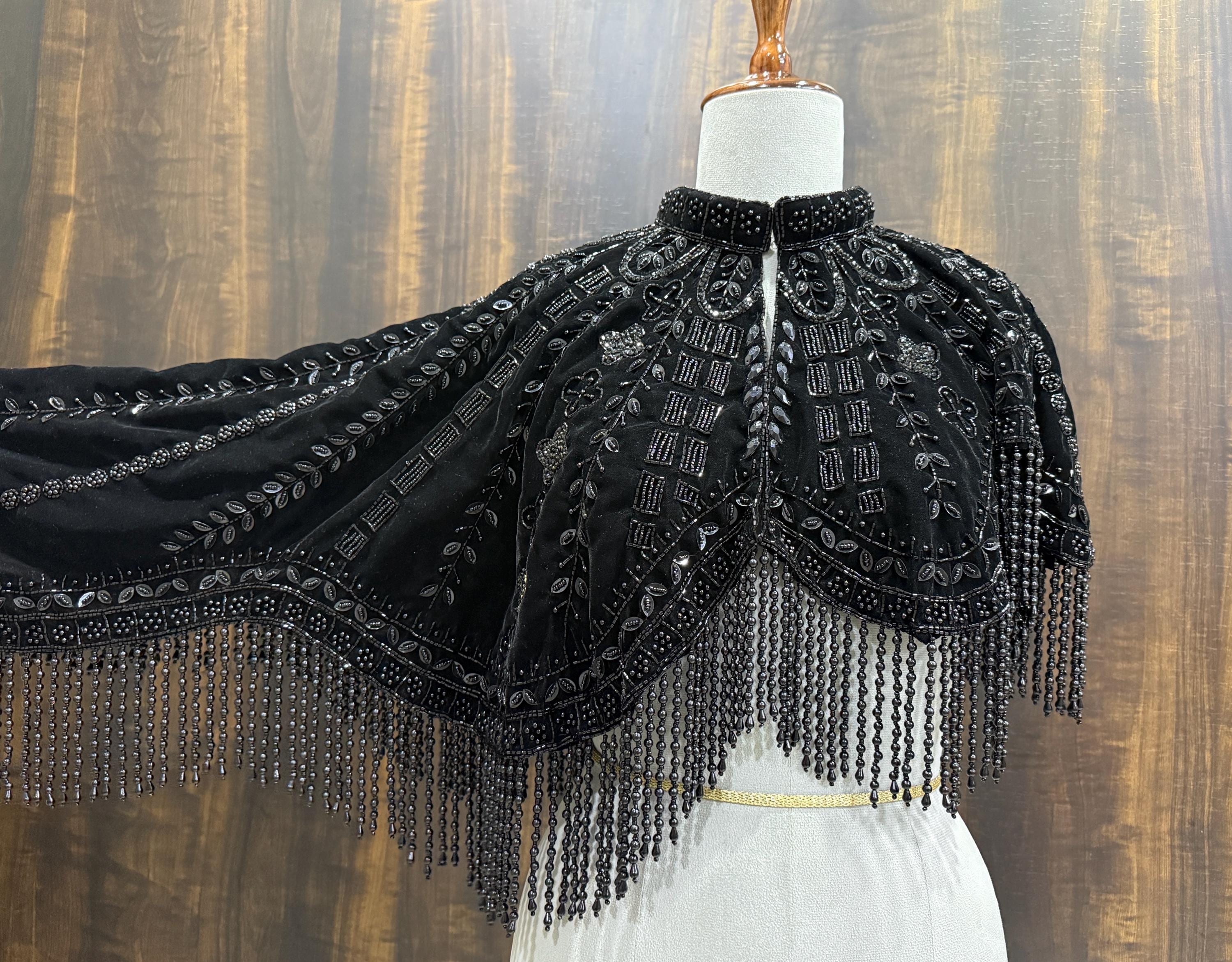 Charcoal Black Velvet Heavy Embroidered Drop Shoulder Cape