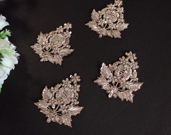 Conjunto de 4 - Oro claro hecho a mano indio Zardozi bordado lentejuelas apliques coser en parche, vestido de novia con cuentas decorativas