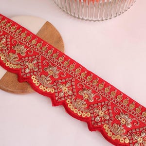 Scarlet Red Embroidered Scallop Lace: Gold Zari Sari Border Trim (9 Yards)