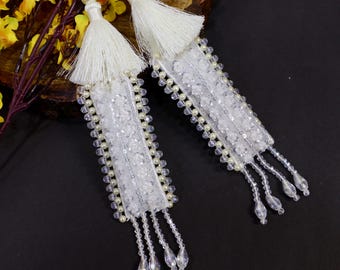 Pearl & Crystal Tassel Latkan: Indian Bridal Lehenga Dupatta Embellishment (Pair)