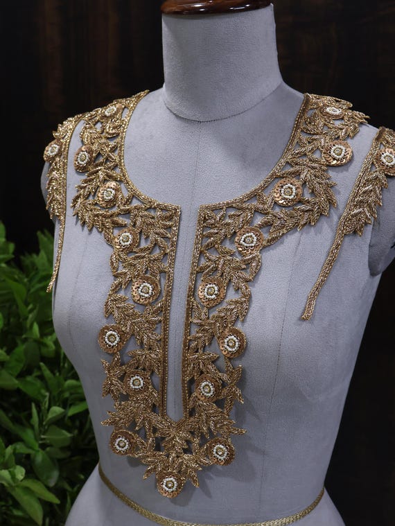 golden patch for dress Embroidered Neckline With Sleeves: Zardozi Indian Applique personalized gift