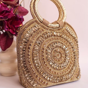 Luxury Champagne Gold Bridal Handbag, Handcrafted Purse with Pearl & Crystals, Wedding Clutch Bag for Women, Best Gifting Ideas for Her