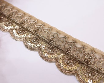 Gold Sequin Embroidered Trim: Scalloped Zari Sari Border, 6cm Wide