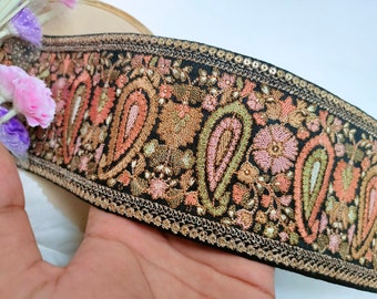 1 Yard Exquisite Kashmiri Silk Motif Inspired Border Trim, Premium Indian Embroidered Lace, Wedding Dress, Kaftan, Suits Sari Lace 9cm Wide