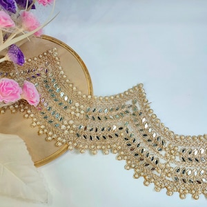 Elegant Golden Scalloped Mirror & Pearls Trim, Broad Embellished Zari Border Trim, Indian Sari Lace, Wedding Decoration Lace 9cm Wide