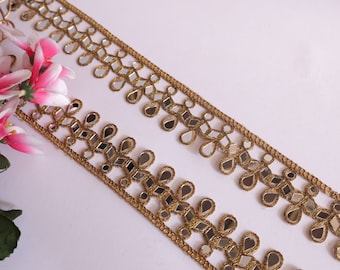 Borde de espejo suspendido dorado opaco, borde de sari de corte simétrico, encaje de espejo para collar, cinturones, adornos de vestido vintage