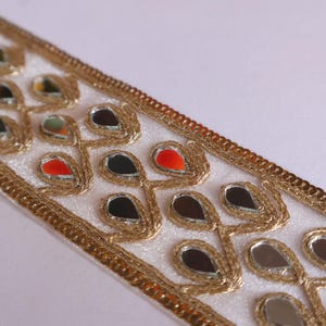 New Golden Sequin & Mirror Pattern Trim Lace, Real Mirrors Sari Border, Wedding Dress Embellishments, Indian Dupatta Lace, DIY Sewing