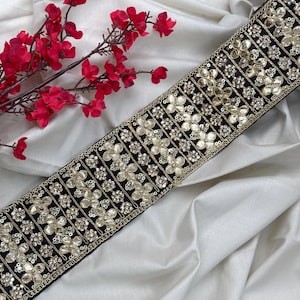 Black & Gold Gota Patti Lace: Zircon Stone Embellished Sari Border (7cm)