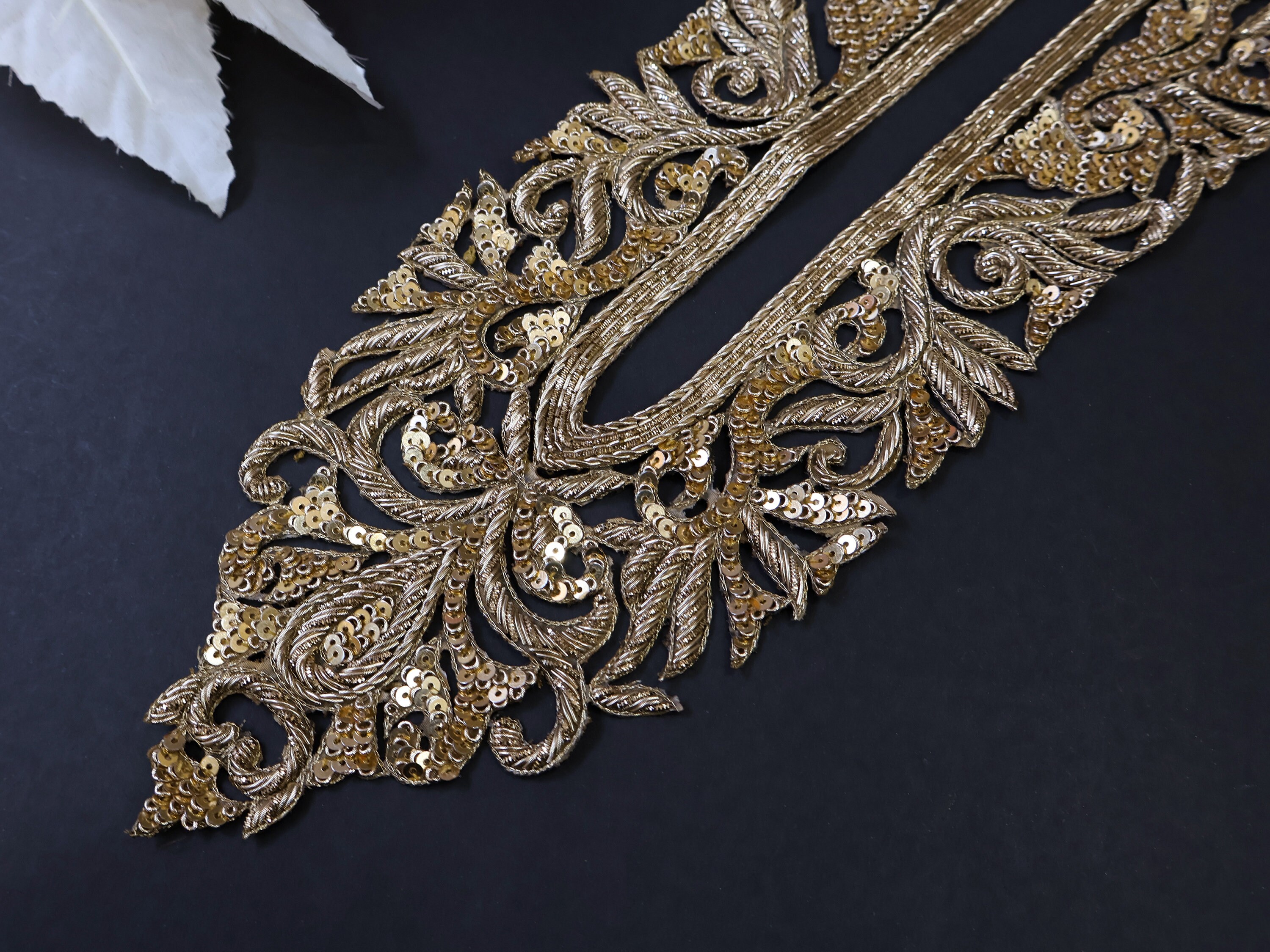 Embroidered Gold Zardozi Neckline Patch With Sleeves: Indian