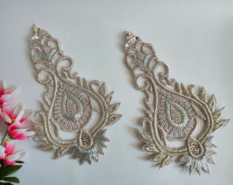 1 paar - Zilver Naai de Zardozi geborduurde patch, Indiase handgemaakte ontwerper Sari Suits Kledingstukken Denim Appliques