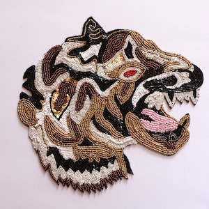 Exclusive Tiger Applique Sew On Patch, Indian Beaded Embroidery Work Patch, Handcrafted Artwork, Patch for Denim, Garments, Coat, Sari 1Pc