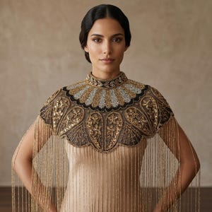 Pode incluir: Uma capa com contas com gola alta e franjas. A capa apresenta contas douradas, prateadas e pretas em um design intrincado. A franja pende dos ombros. A roupa é usada sobre um vestido cor de pele.