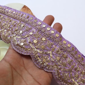 Purple & Gold Zari Embroidered Sari Lace - 9 Yards, 7cm Wide