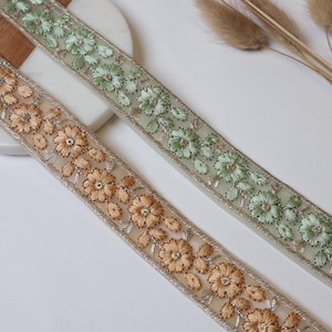 9 Meter - Gold / Mint Grün Zari gestickt schmale 2,5 cm Trim, indische gestickte mehrfarbige Faden-Spitze, ausgefallene Sari Dupatta Anzüge Spitze