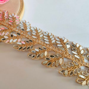 Beautiful Gold Zari & Mirror Cutwork Vine, Glamourous Sari trim, Indian Dupatta Lace, DIY Sewing Decoration Border By yard