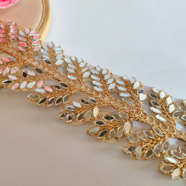 Hermosa vid de corte de Zari y espejo dorado, adorno de Sari glamoroso, encaje Dupatta indio, borde de decoración de costura DIY cortado a medida