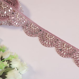 3 Yards Lavender Pink Zircon & Mirror Indian Embroidered Scalloped Net Fabric Trim, Embellished Sari Lehenga Gown Dress, DIY Sewing 3.5 Cm