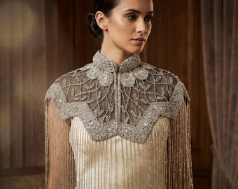 Silver Black Floral Beaded Bridal Cape: Wedding & Evening Cover-Up Shrug