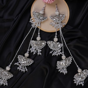 Multi String Antique Silver Beaded Pearl & Crystals Fringe Tassels Latkan Hanging, Sequin Embellished Tieback, Indian Lehenga Tassels 1 Pair