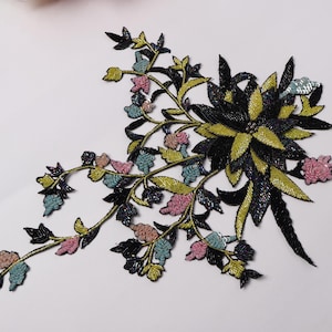 Intricate Floral Multi Color/ Golden Hand Embroidered Sew on Patch, Indian Applique Patch for DIY Dress Making, Sewing, 27 x 24 cm Size