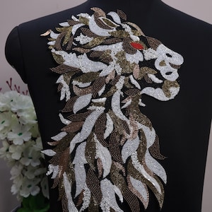 Large Intricate Beadswork Lion Patch for Shirts, Coats, Jackets, Metallic Colors Detailed Embroidered Applique Patch, Handmade Indian Patch