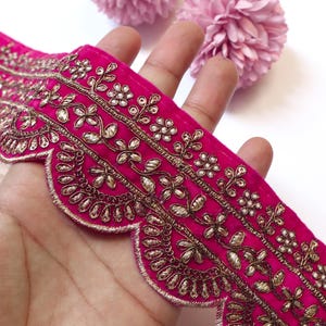 Magenta Velvet Zari Embroidered Lace: Scalloped Sari Border Trim