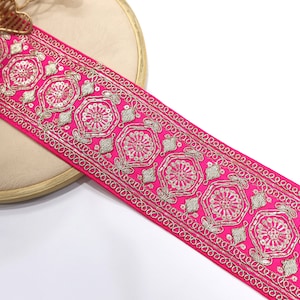 Magenta Zari Embroidered Sari Border Trim: Indian Wedding Dress Lace (7cm Wide)