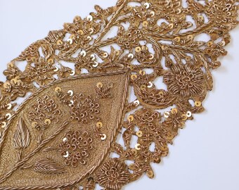 Golden Leaf Zardozi Embroidered Applique Patch, Indian Handcrafted
