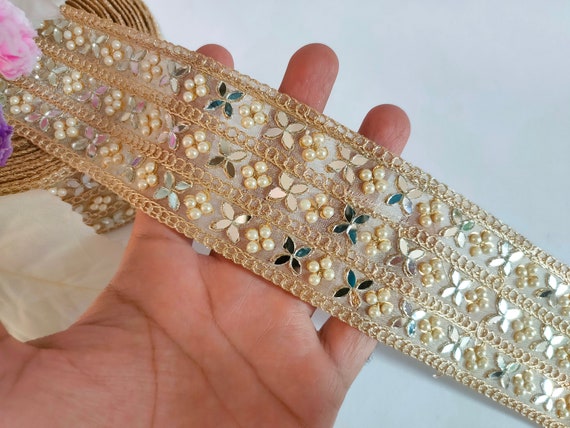 4 Yards Mirror and Pearl Embellished Golden Zari Border Lace Indian Embroidered Sari Trim Lehenga Suit Lace DIY Sewing 6 Cm Wide Etsy