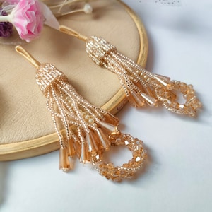 1 Pair Champagne Gold Crystal Cutdana & Pearl Multi String Hanging Tassel Latkan, Beaded Indian Bridal Lehenga Dupatta Sari Waist Belt