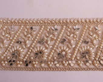Patrón floral blanco perla espejo embellecido vid, borde de sari indio, exquisita lehenga, anarkali, vestido de vestir de 12 cm de ancho