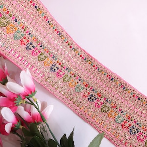 110 cm - Schöne Rosa Zari Pailletten Gestickte Fadenarbeit Ethnische Sari Borte Trim, Indische Kostüm Spitze Kleid Dupatta Outfits Dekoration Spitze