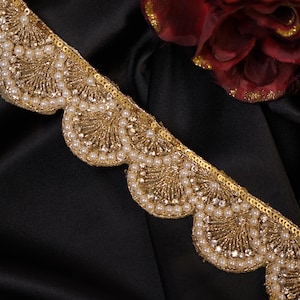 Antique Gold Scalloped Pearl & Zircon Trim: Indian Embroidered Lace