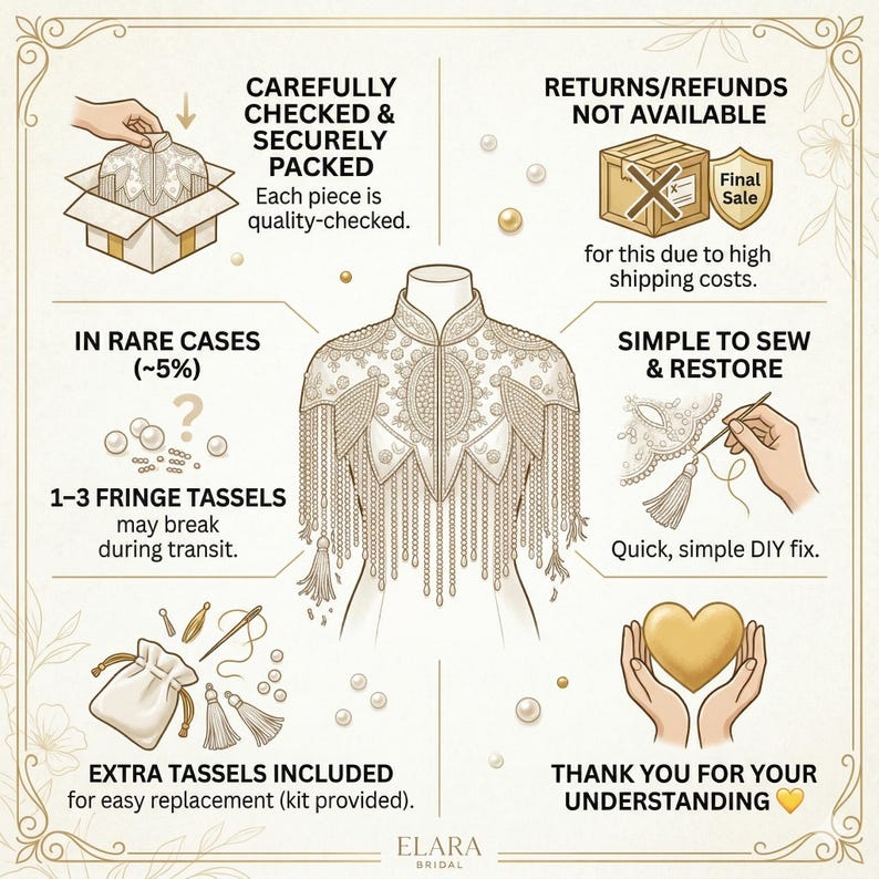 May include: An illustrated infographic for a bridal garment. The text includes "Carefully Checked & Securely Packed", "Returns/Refunds Not Available", "Simple to Sew & Restore", and "Extra Tassels Included". The garment has fringe tassels and is from Elara Bridal.