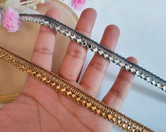 Adorno de encaje con cristales metálicos estrechos, cinta de sari india, decoración artesanal de costura de boda, grafito plateado/marrón dorado, 1,5 cm de ancho