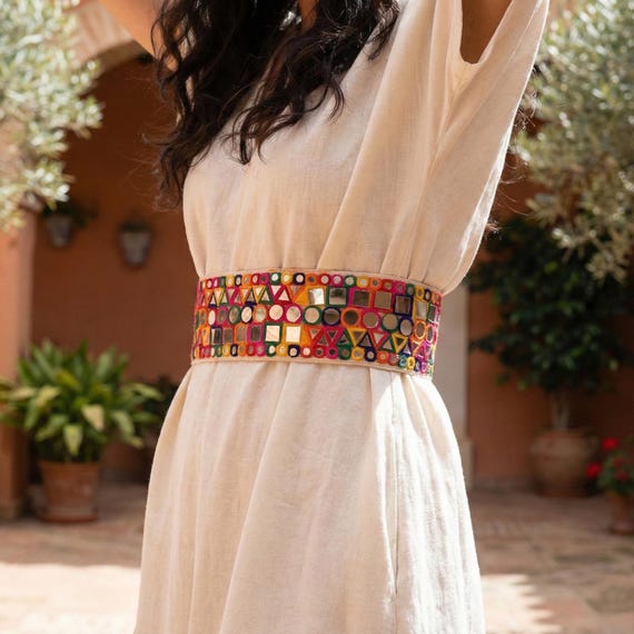 boho dress belt Mirrorwork Waist Belt: Multicolor Embroidered Metal Clasp Chain Aqua Blue Animal Print 25 and under Faux leather SIZE Colors:Citrine