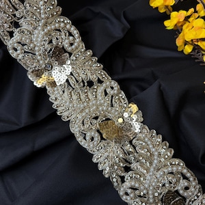 Gold Sequin Pearl Trim: Metallic Vine Border, Sari Embellishment (7cm Wide)