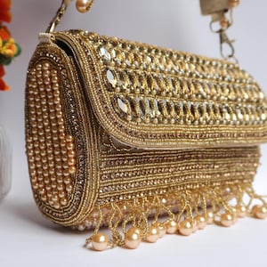 Champagne Gold Crystals Clutch Handbag, Premium Handcrafted Bridal Clutch with Pearl & Crystals, Wedding Clutch Bag for Women, Wedding Gifts