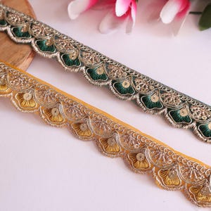 9 mètres - Belle bordure en dentelle ombrée verte/jaune, élégante dentelle pour robe de mariée, bordure indienne festonnée en dupatta de 1,7 cm de large