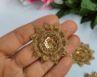 Antique Gold Floral Applique Patches: Indian Hand-Embroidered Embellishments (10 Pc Set, 5cm x 5cm)