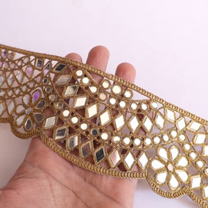 Borde de espejo de diseñador festoneado de oro marrón, borde de sari glamoroso, encaje de Bollywood indio, borde de costura de bricolaje cortado a un tamaño de 8 cm de ancho imagen 1
