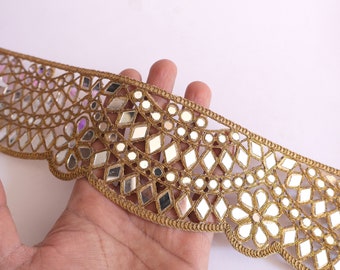 Borde de espejo de diseñador festoneado de oro marrón, borde de sari glamoroso, encaje de Bollywood indio, borde de costura de bricolaje cortado a un tamaño de 8 cm de ancho