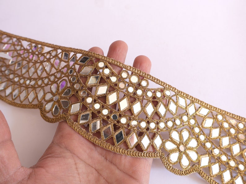 Borde de espejo de diseñador festoneado de oro marrón, borde de sari glamoroso, encaje de Bollywood indio, borde de costura de bricolaje cortado a un tamaño de 8 cm de ancho imagen 1