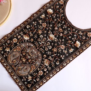 Beautiful Motif Design Black & Brown Embroidered Neckline Sew on Patch, Indian Threadwork Zardozi Patch for DIY Dress, Suit, Lehenga Kaftans