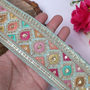 Pista Green Embroidered Sequin Sari Border Lace - 9 Yards