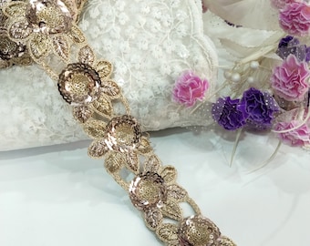 Vite floreale con paillettes in oro rosa Zardosi ricamato, finiture glamour Sari, pizzo indiano Dupatta, bordo decorativo cucito fai da te