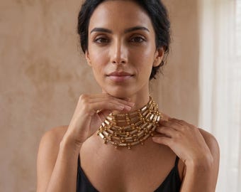 Lumina Mirror Choker: Layered Antique Gold & Glass Collar Necklace