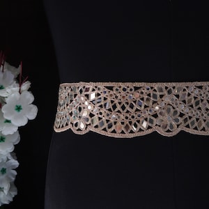 Rose Gold Scalloped Intricate Mirror Trim, Designer Mirror Border, Indian Lace Trim for Sewing, Decoration, Waist Belts, 8cm Wide By Yard
