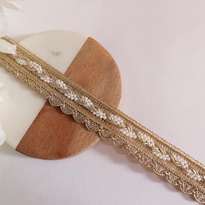 Golden Scalloped Zari Lace Trim with White Pearls - 9 Yards