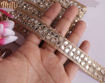Hermosa vid de adorno de espejo dorado estrecho, adorno sari glamoroso, encaje Dupatta indio, borde de decoración de costura DIY de 2,2 cm de ancho - 3,6,9 yardas